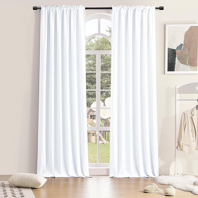 DONREN 96 inch Length Pure White Half Blackout Curtains for Bedroom - Rod Pockt Top Thermal Insulated Window Treatment Drapes for Living Room,2 Panels W 42 x L 96,2 Panels