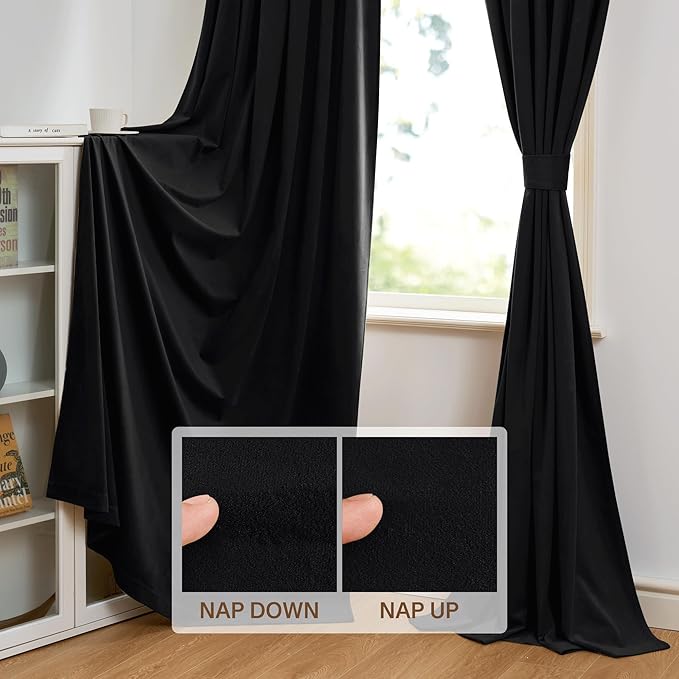 StangH Black Velvet Curtains 108 inches Long - Thermal Blackout Window Treatment Privacy Drapes with Dual Rod Pocket for Living Room/Basement Backdrops, 52 x 108 inches, 2 Panels