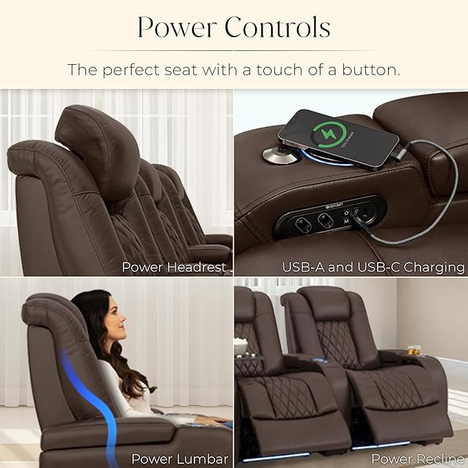 Seatcraft Diamante Zero-Gravity CoolZero Italian Leather Home Theater Seating, Power Headrest, Power Recline, Row of 5, Brown