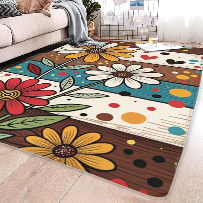 Machine Washable 5' x 7' Bohemian-Style Area Rug, Flowers Floor mat, Suitable for bedrooms, Girls' Room Bedside, Living Room, Dining Room, Office, Non-Slip Low-Pile Retro, Fashionable Carpet
