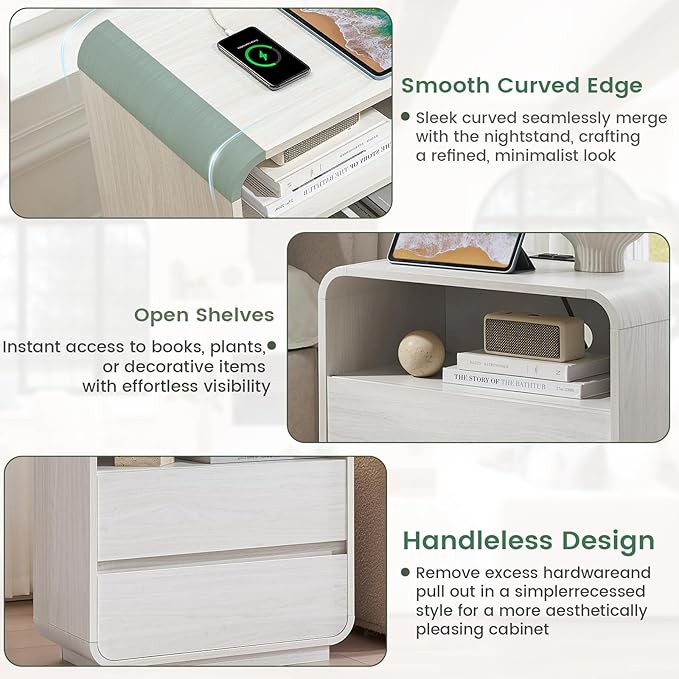 White Nightstand Set of 2 with Charging Station, 23.2" Wide Wood Bedside Table, Modern Night Stand with 2 Storage Drawers, Curved Profile, Handleless End Table for Bedroom Office Dorm
