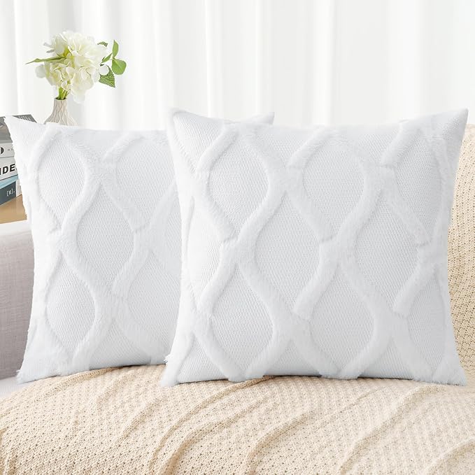 decorUhome Spring Throw Pillow Covers 18x18 Inch Set of 2, Soft Plush Faux Fur Wool Pure White Couch Pillow Covers, Decorative Neutral Pillow Cases for Bed Sofa Living Room Home Decor