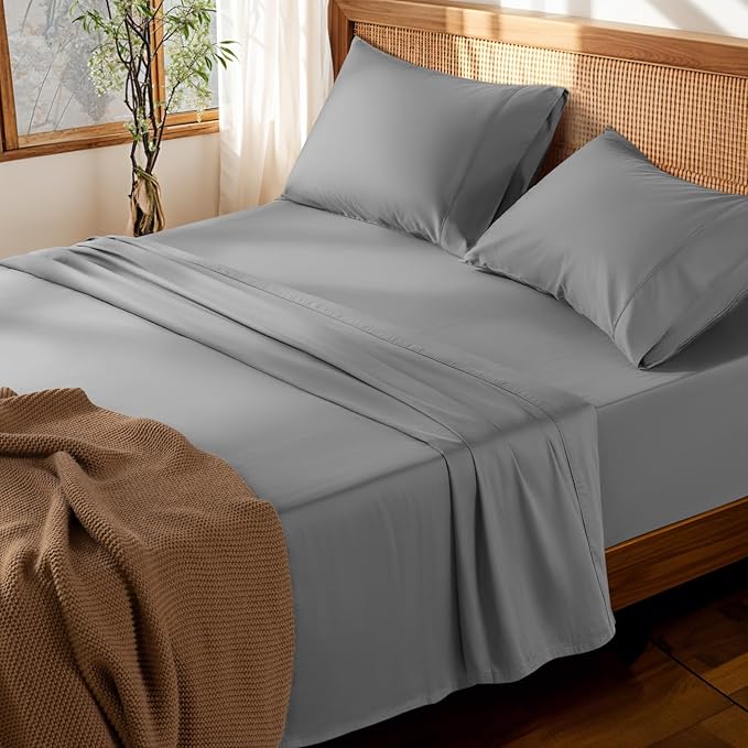 LBRO2M 100% Cotton Sheets Set Deep Pocket 19", 1000 Thread Count King Size 4 Piece Bed Sheet Sets Soft Comfortable Bedding All Season (King, Gray)