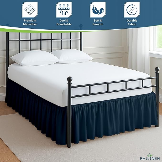 Rajlinen Ruffled Bed Skirt Full, 15 Inch Drop Dust Ruffle with Split Corners, 100% Microfiber Bedskirt with Platform, Three-Sided Coverage Ruffled Gathering Design, Navy Blue