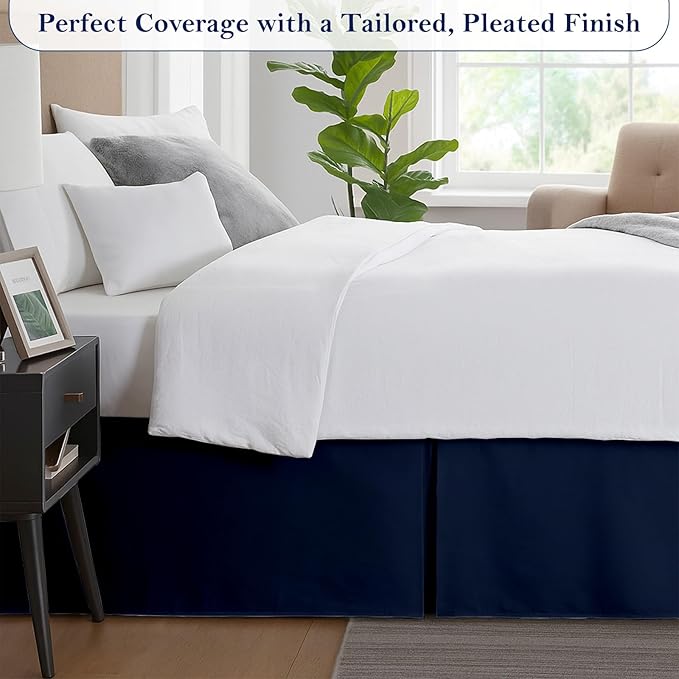 King Bed Skirt, Luxury 14 Inch Drop Navy Blue Pleated Bed Skirt, Double Brushed Microfiber, Box Pleat Design, Wrinkle & Fade Resistant, Easy Fit Tailored Bedskirt for King Size Beds