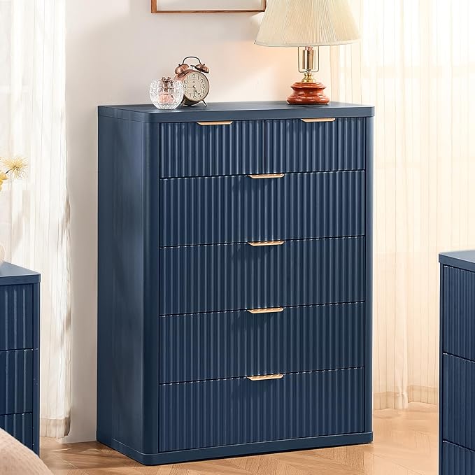 LEYAOYAO Fluted Dressers & Nightstand Set of 3, Wood 48" Wide Dresser & 42" Tall Chest of Drawers,Modern Bedroom Furniture Sets, Navy Blue Wooden Nightstand with 3 Drawers & Charging Station