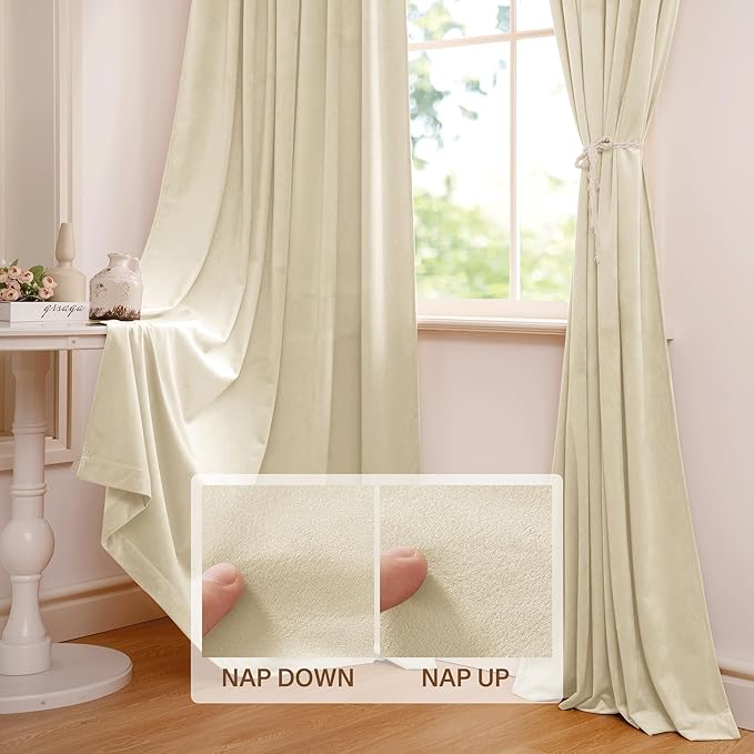 StangH Beige Velvet Curtains 96 inches Long - Luxury Room Darkening Privacy Protect Window Treatment Heavy Thick Sliding Door Drapes for Living Room/Bedroom, W52 x L96, 2 Panels