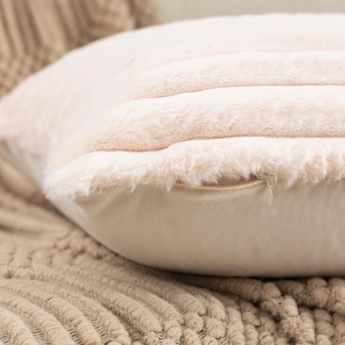 ZLINA Set of 2 Beige Faux Fur Decorative Throw Pillow Covers Fluffy Striped Pillowcase Cushion Covers 24 x24 Inch Decor Sofa Couch Bedroom