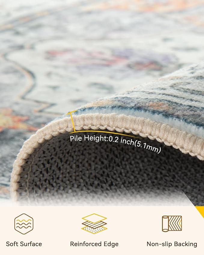 Area Rugs 10'x14' Washable Non-Slip, Floral Vintage Distress Print Pattern Medallion Carpet for Living Room Bedroom Dining Room, Light Yellow Carbon Grey Orange