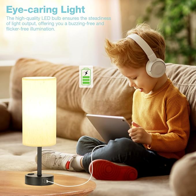 Light Beige Table Lamp for Nightstand - 3 Way Dimmable Bedside Lamp for Bedroom with USB C A Charging Ports and AC Outlet, Small Desk Lamp with Black Base for Living Room, Office, LED Bulb Included