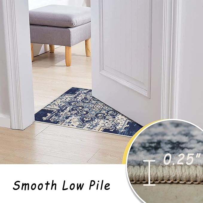 vivorug Round Rug 4ft Vintage Round Area Rug Non-Slip Indoor Carpet for Living Room Bedroom Entryway, Stain Resistant Home Decor Circle Rug, Navy Blue
