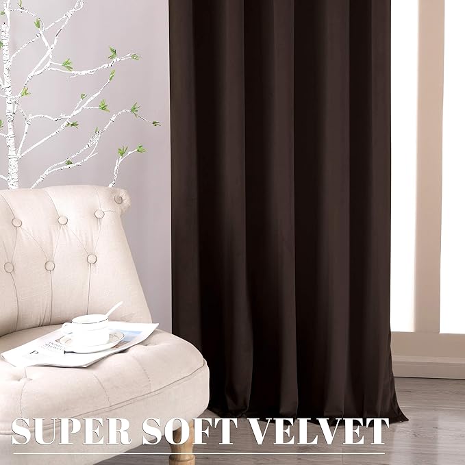 nanbowang Coffee Brown Velvet Curtains - 42 Inches Width 72 Inches Long Soft Curtain Rod Pocket Thermal Insulated Window Treatment for Bedroom 2 Panels