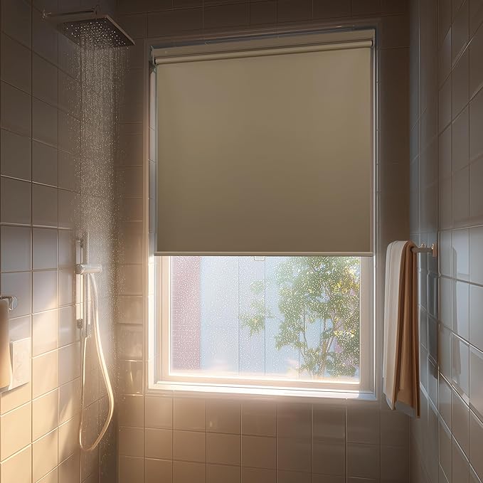 HESTIA No Drill Cordless Blackout Roller Shades Screwless Waterproof Shower Window Blinds, Auto-Retraction Easy Install Blind for Bathroom/Kitchen/Office/Exterior, Greige, 57.5" W x 72" H