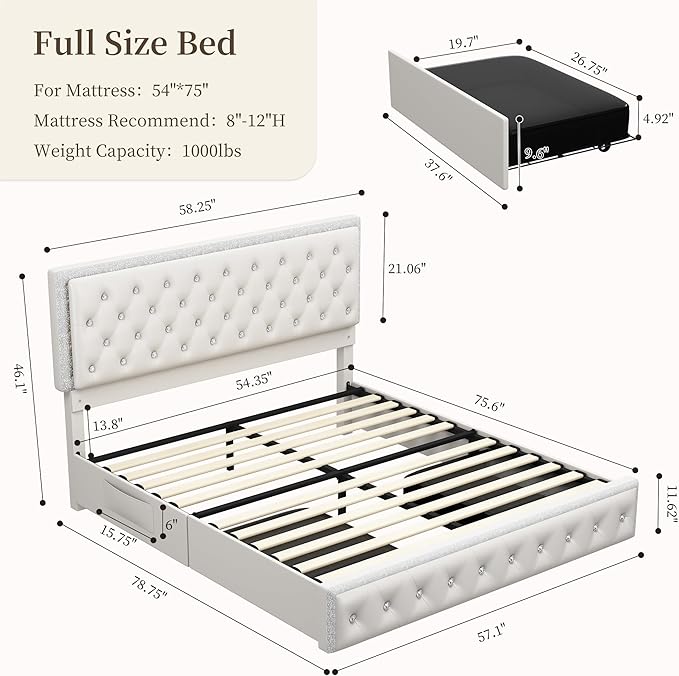 Full Led Bed Frame with 2 Drawers, Storage Platform Bed with Upholstered Crystal Button Tufted Headboard Footboard, 2 Side Pockets, No Box Spring Needed, PU White