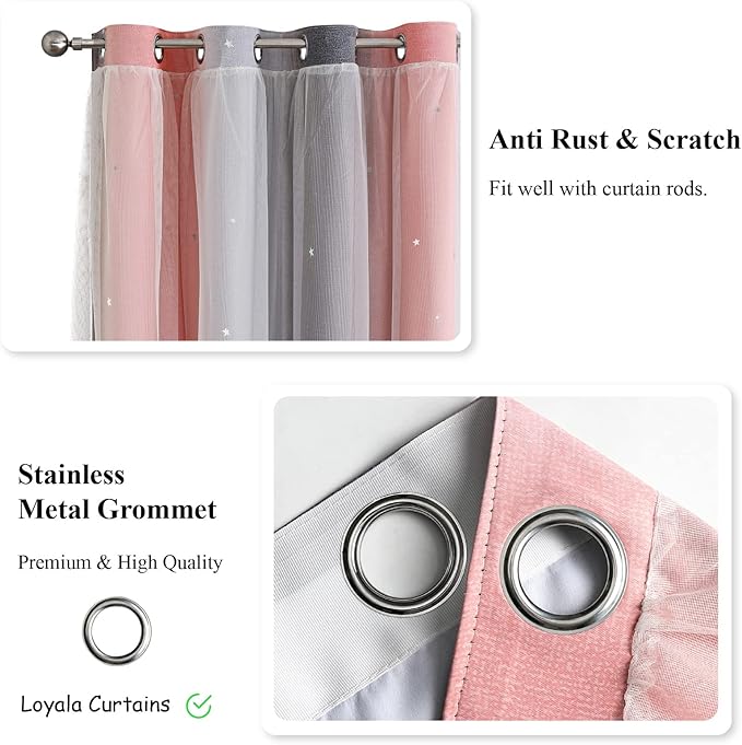 Star Curtains - Blackout & Rainbow Kids Bedroom Curtains, 72 Inch Long, 2 Panels, Pink & Grey