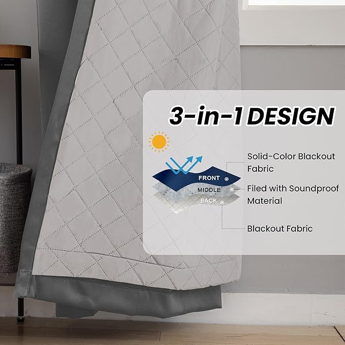 3-in-1 Layers Noice Reduction Soundproof Curtains, Grommet Full Blackout Thermal Curtains for Living Room, Bedroom(1 Panel,Grey,50" x 72")