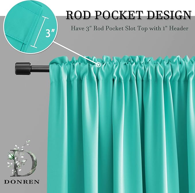 DONREN Black Out Window Curtains for Living Room - 42" x 63" Room Darkening Thermal Insulated Rod Pocket Curtain Panels (Turquoise,1 Pair)