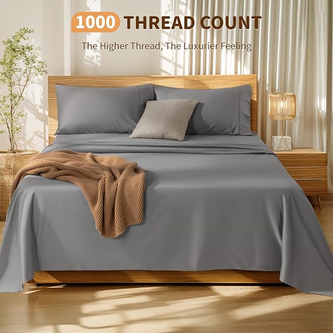 LBRO2M 100% Cotton Sheets Set Deep Pocket 19", 1000 Thread Count King Size 4 Piece Bed Sheet Sets Soft Comfortable Bedding All Season (King, Gray)