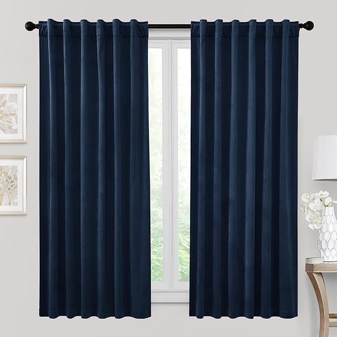 RYB HOME Velvet Curtains 72 inches Length, Back Tab & Rod Pocket Soft Fabric Curtains & Drapes for Bedroom Bathroom Cafe, Navy Blue, W 42 x L 72, 2 Panels Set