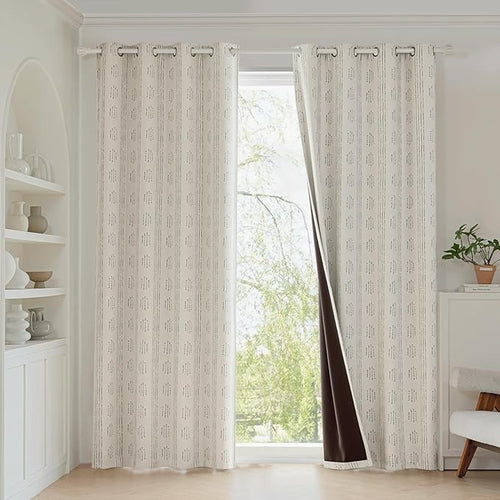 100% Boho Blackout Curtains 63 Inches Long for Bedroom, Grey on Beige Patterned Bohemian Curtains for Living Room, Geometric Striped Thermal Insulated Window Drapes Gromment Top 2 Panels
