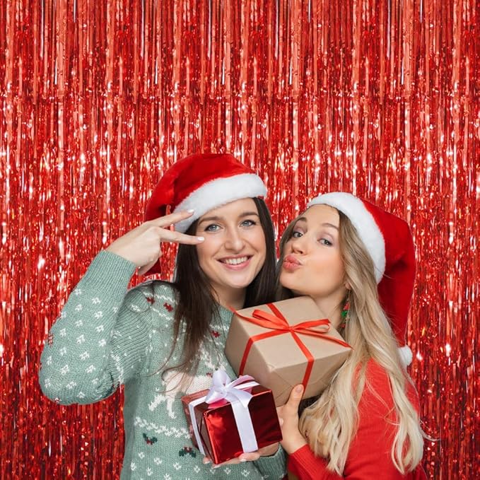 GOER 3.2 ft x 8.2 ft Metallic Tinsel Foil Fringe Curtains Party Photo Backdrop Party Streamers for Birthday,Graduation,New Year Eve Decorations Wedding Decor (5 Packs,Red)