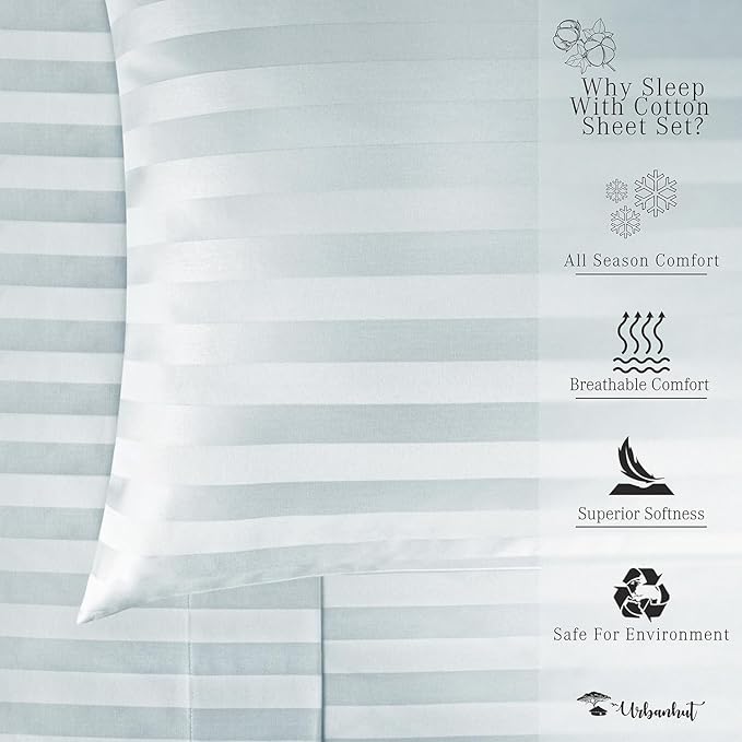 URBANHUT 800 Thread Count 100% Cotton Damask Queen Size Sheets, 4 Piece Striped Queen Size Bedsheets, Luxury Hotel Sheets Sateen Weave - Better Than Egyptian, 16" Elasticized Deep Pocket- Light Blue