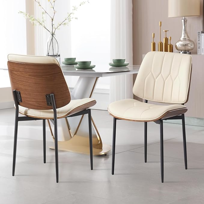 BV Mid Century Modern Dining Chairs Set of 6, Upholstered Pu Leather Armless Accent Chair with Walnut Bentwood Back, Retro Kitchen Chair for Dining Room, Living Room, Kitchen, Beige