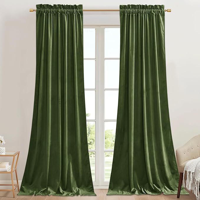 StangH 62 inches Wide Green Velvet Curtains for Bedroom, Luxury Room Darkening Noise Reducing Window Treatment Moss Green Christmas Curtains for Doorway/Office, W62 x L90, 2 Panels