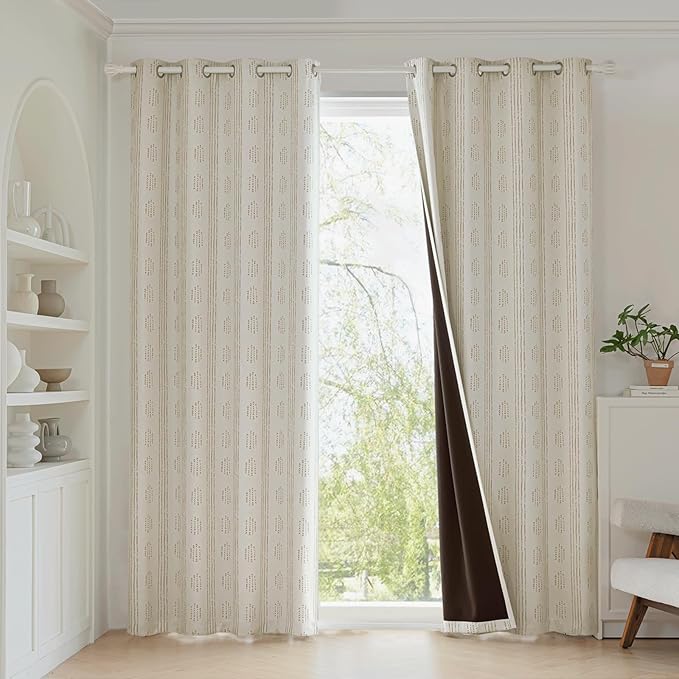 100% Boho Blackout Curtains 72 Inches Long for Bedroom, Taupe on Beige Patterned Bohemian Curtains for Living Room, Geometric Striped Thermal Insulated Window Drapes Gromment Top 2 Panels