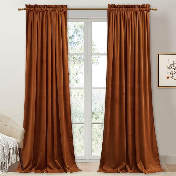 StangH Burnt Orange Curtains Velvet - 108 inches Extra Long Terracotta Living Room Thermal Insulated Energy Saving Blackout Door Drapes for Dining Room/Bedroom, W52 x L108, 2 Panels