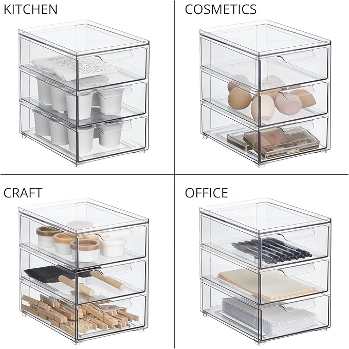 mDesign Plastic Stackable Organizer with 3 Drawers - Pull-Out Drawer Storage Bin for Bathroom Sink/Cabinet Organization - Perfect for Makeup, Small Towels, and More - Lumiere Collection, 2 Pack, Clear