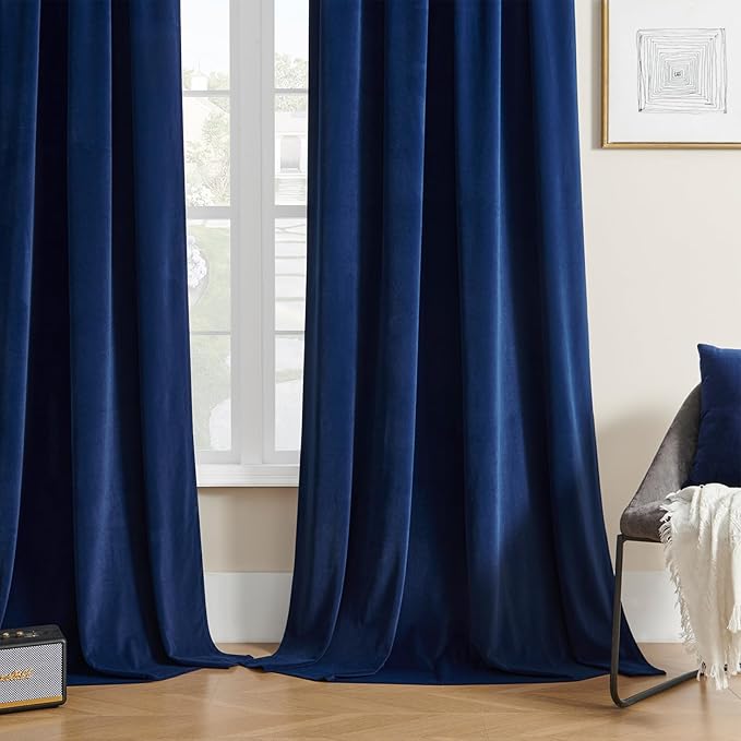 Joydeco Blue Velvet Curtains 102 inch Length 2 Panels, Luxury Blackout Rod Pocket Thermal Insulated Window Curtains, Super Soft Room Darkening Drapes for Living Dining Room Bedroom,W52 x L102 inches