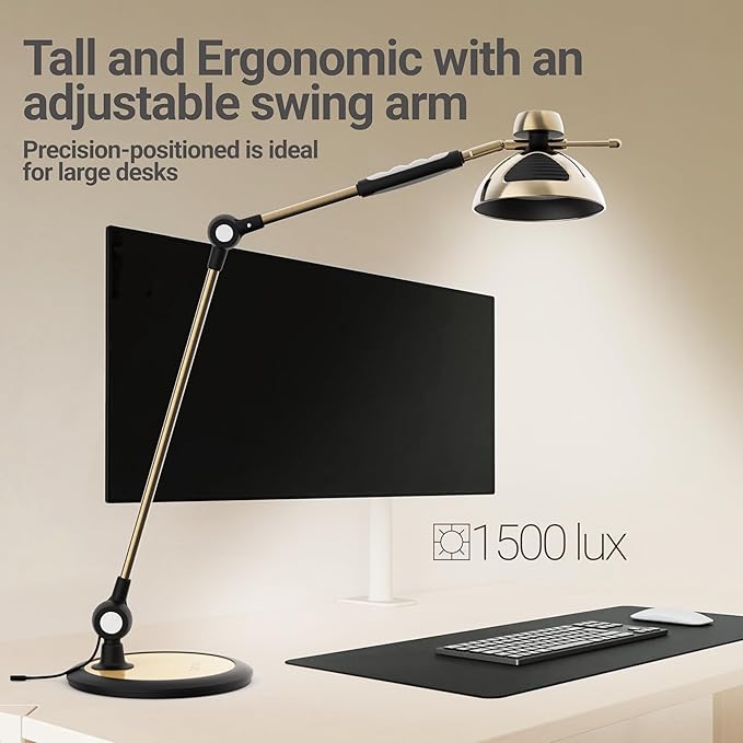OTUS Desk Lamp for Home Office | Tall LED Architect Desk Light with Gesture Control & Touch | 1500 Lux Eye-Caring Dimmable for Study, Reading, Video Calls | 12 Levels & 3 Colors | Brass Swing Arm Lamp