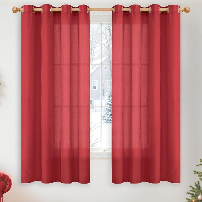 YoungsTex Red Linen Curtains 63 Inch Length for Living Room, Light Filtering Window Drapes with Grommet Semi Sheer Privacy Christmas Decor for Dining Bedroom, 2 Panels, 52 X 63 Inch