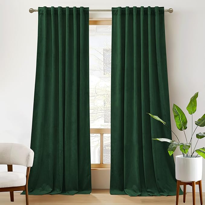 RYB HOME Living Room Curtains, Vintage Velvet Drapes Soft Durable Texture Room Darkening Window Treatment Decorative Backdrop Thermal Curtains for Bedrooom, Hunter Green, W52 x L120 inch, 2 Panel