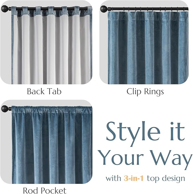 Lazzzy Blackout Velvet Blue Curtains 96 Inches Long Thermal Insulated Room Darkening Lined Curtain Drapes Luxury Back Tab Window Treatments for Bedroom Living Room 2 Panels, 52 x 96 Inch, Aegean Blue