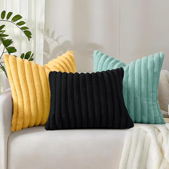 decorUhome Faux Fur Spring Throw Pillow Covers 22x22 Set of 2, Decorative Soft Plush Striped Neutral Couch Euro Sham Pillow Covers with Velvet Back for Sofa, Bed, Living Room Home, Aqua