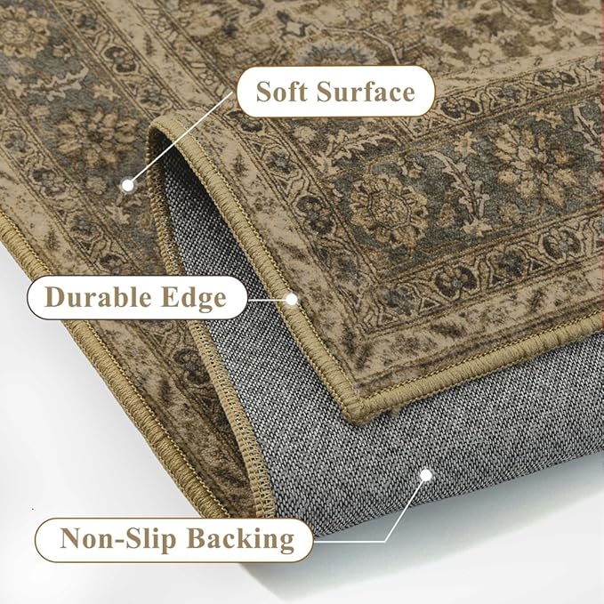 Brown 2x6 Runner Rug Washable Vintage Long Carpet for Hallway Kitchen Soft Retro Floral Low Pile Indoor Runner Non Slip Traditional Distressed Rug for Bathroom Bedroom Laundry Dining Room
