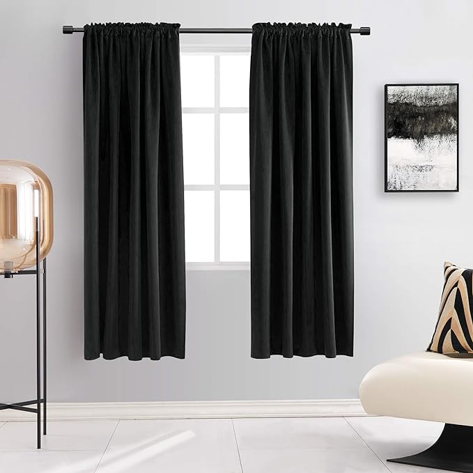 DONREN 99 Percent Blackout Curtain Panels for Bedroom - 72 Inch Length Thermal Insulating Blackout Rod Pocket Drapes for Small Windows (42 x 72 Inches,Set of 2 Panels,Black)