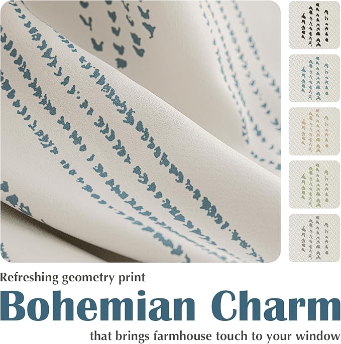 100% Boho Blackout Curtains 84 Inches Long for Bedroom, Blue on Beige Patterned Bohemian Curtains for Living Room, Geometric Striped Thermal Insulated Window Drapes Gromment Top 2 Panels