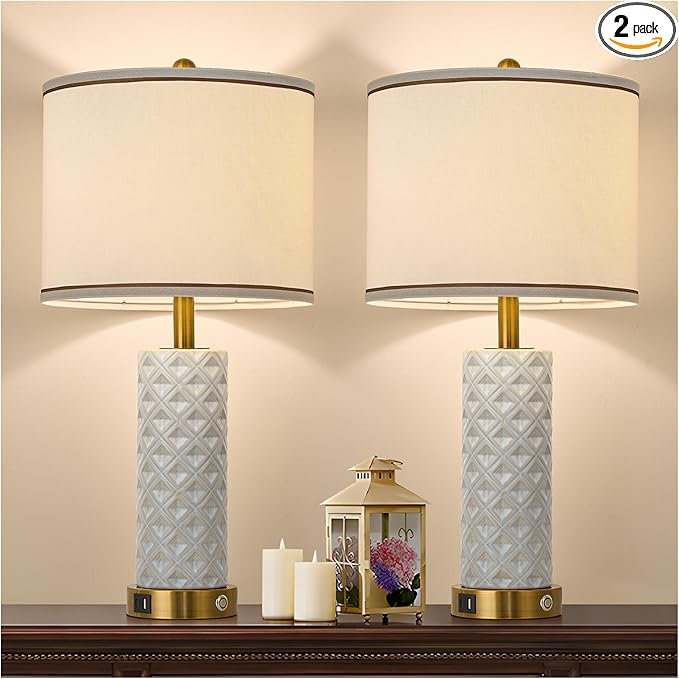 Set of 2 Table Lamp for Living Room Bedroom Farmhouse,26'' Touch Control Bedroom Ceramic Lamps 3-Way Dimmable Bedside Lamps with USB A+C Ports Linen Shade for Home(2 Bulbs Included)