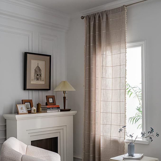 Sutuo Home Boho Curtains for Bedroom 96 Inches Long, Light Filtering Country Farmhouse Vintage Shabby Chic Tassels Window Treatment Bohemian Grid Drape for Decor 1 Panel 52" W x 96" L, Natural Plaids