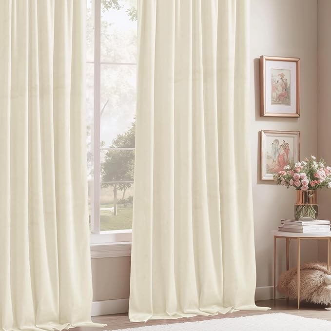 StangH Ivory White Velvet Curtains - Short Curtains 63 inches Length for Kitchen, Sound Reducing Privacy Protect Drapes for Office/Study Room, W52 x L63, Ivory, 2 Panels