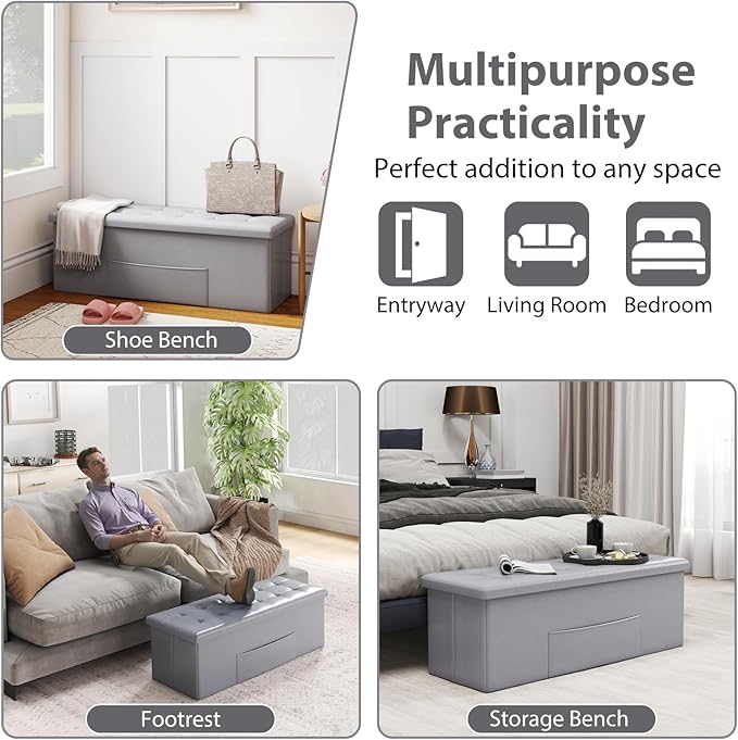 Giantex 43 Inches Folding Storage Ottoman Bench, Upholstered PU Leather Storage Chest with Side Pocket, Padded Seat, End of Bed Bench, Collapsible Ottoman Foot Rest for Living Room, Bedroom & Entryway