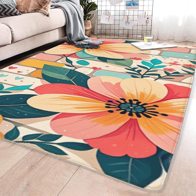 Machine Washable 2' x 3' Bohemian-Style Area Rug, Pink Floor mat, Suitable for bedrooms, Girls' Room Bedside, Living Room, Dining Room, Office, Non-Slip Low-Pile Printed Modern Floral Carpet