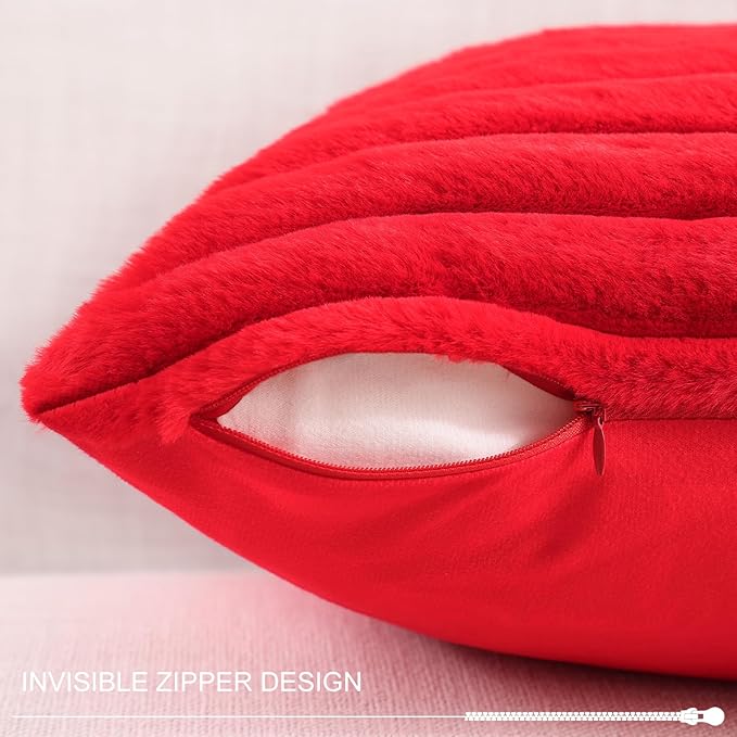 Pallene Faux Fur Plush Christmas Throw Pillow Covers 26x26 Set of 2, Luxury Soft Fluffy Striped Decorative Pillow Covers for Sofa, Couch, Living Room, Red
