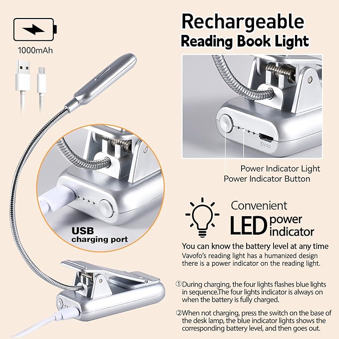 VAVOFO Rechargeable Book Light for Reading in Bed Kids, 7 LED Reading Light with 9-Level Warm Cool White Daylight, Eye Care Lamp with Power Indicator for Bookworms (Silver)