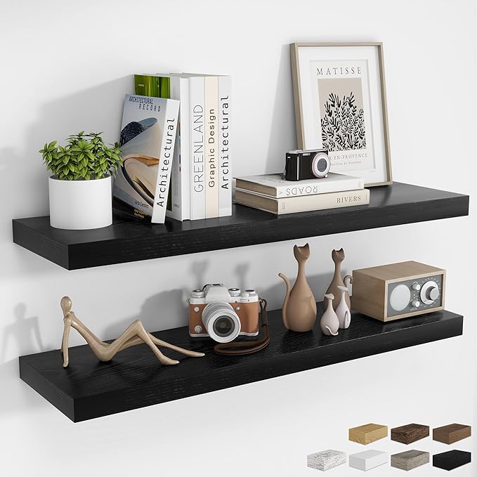RICHFOCUS 40Inch Floating Shelves for Wall 2 Pack Shelves for Bedroom|Kitchen|Bathroom Wall Mounted Rustic Wood Floating Shelf with Invisible Brackets for Books|Storage|Decor, Black