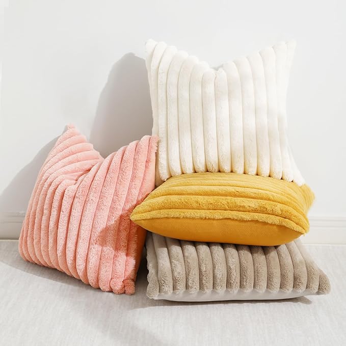 decorUhome Faux Fur Spring Throw Pillow Covers 18x18 Set of 2, Decorative Soft Plush Striped Neutral Couch Pillow Covers with Velvet Back for Sofa, Bed, Living Room Home, Blush Pink