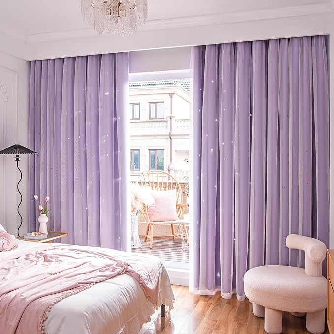 Stars Double Layer Blackout Curtains for Bedroom Kids, 96 Inches Long 2 Panels Set, Purple